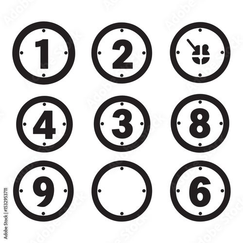 Nine numbered circles clockwise with silhouette icons for design or counting