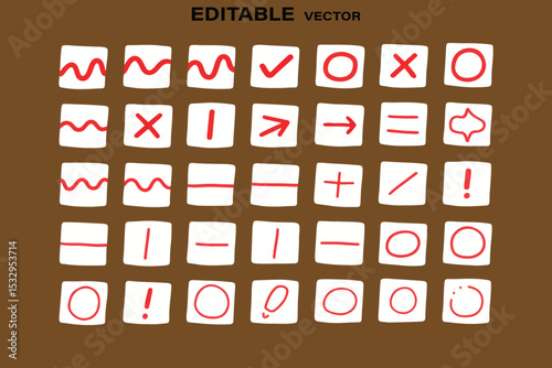 Collection of hand drawn red symbols and shapes on white squares