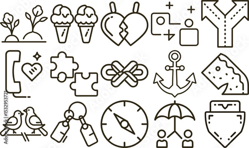 Line Art Icons Plants, Ice Cream, Broken Heart, Puzzle Pieces, Compass, Umbrella, and Bird Duo