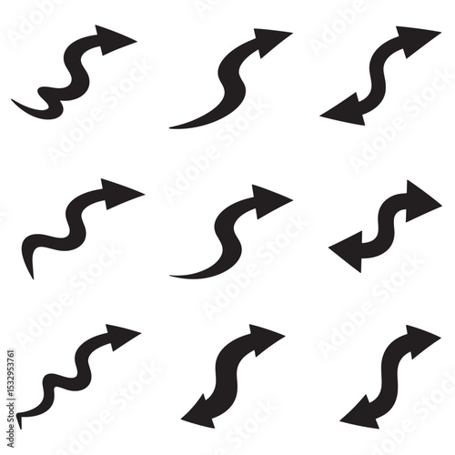 Nine black silhouette arrows pointing upwards in different curved directions on a white background