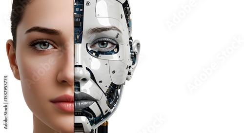 Humanity and Technology: A striking split image, juxtaposing the human face with a robotic counterpart. This evokes contemplation on the fusion of biological existence with technological innovation.