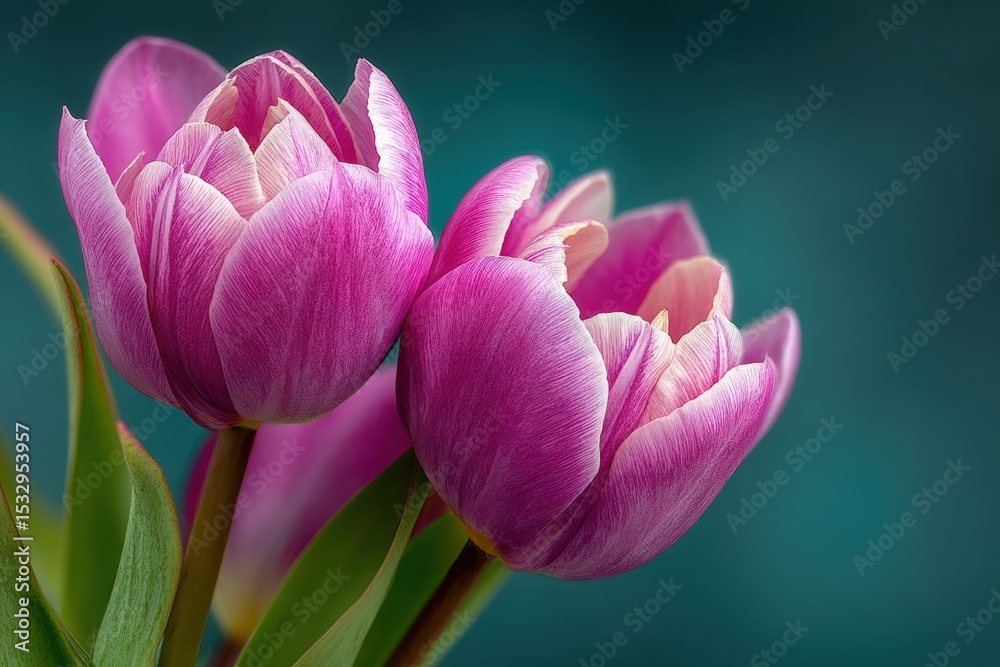 Fototapeta premium Vibrant pink tulips with delicate petals and lush green leaves, beautifully arranged against a soft blurred background, showcasing the elegance of spring flowers in full bloom