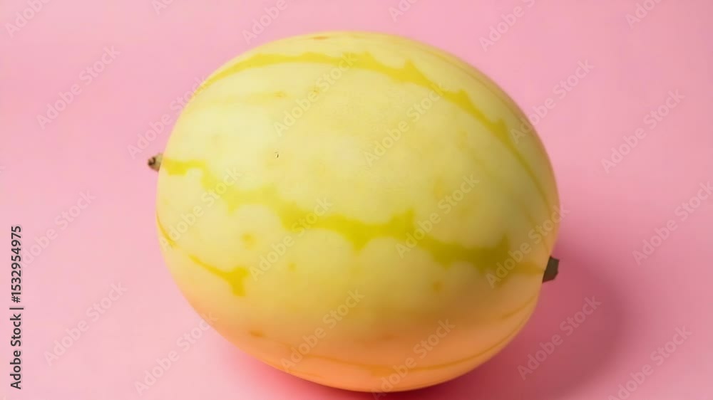 A single yellow melon placed on a pink surface, perfect for fruit or still life photography.
