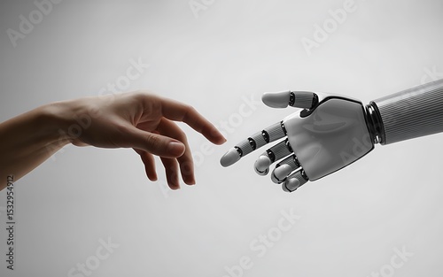 Human hand reaching out towards a robotic hand against a plain white studio background close up view