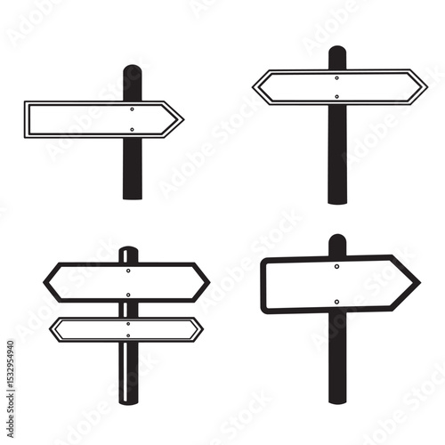 Set of four blank directional signposts in black and white silhouette style