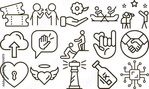 Line Art Icons Communication, Helping Hands, Sailing, Heart, Technology, Tickets, and Lighthouse Symbolism