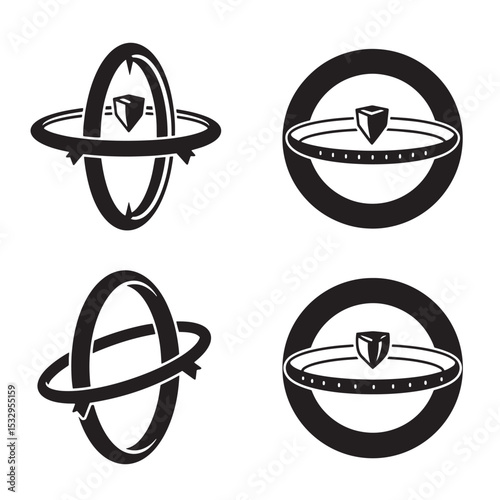 Set of geometric black silhouettes depicting abstract shields and decorative rings