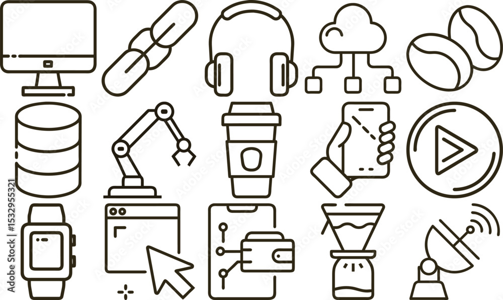 Fototapeta premium Outlined Icons Depicting Technology, Data, Automation, Media, Beverages, and Finance Concepts in Simple Style