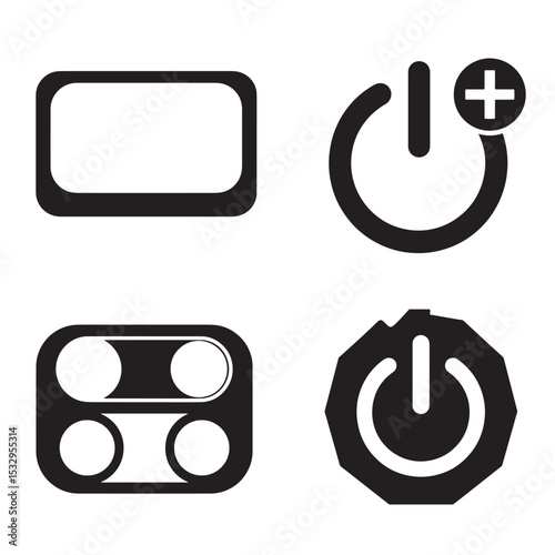 Set of minimalist black and white icons representing technology power and interface buttons