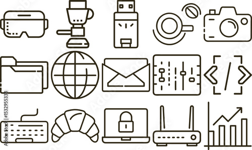Outlined Icons VR Headset, Coffee, Camera, Router, Keyboard, Croissant and More in Black and White