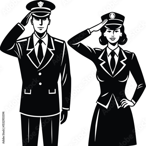 Military Man and Woman Saluting Together in Respectful Pose