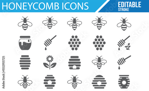 Collection of editable honey and bee-themed icons for sustainable agriculture designs.