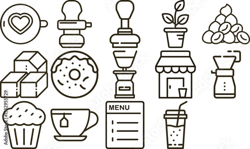 Coffee Shop Outlines Latte Art, Espresso Tools, Pastries, Coffee Beans, Menu, and Cafe Building