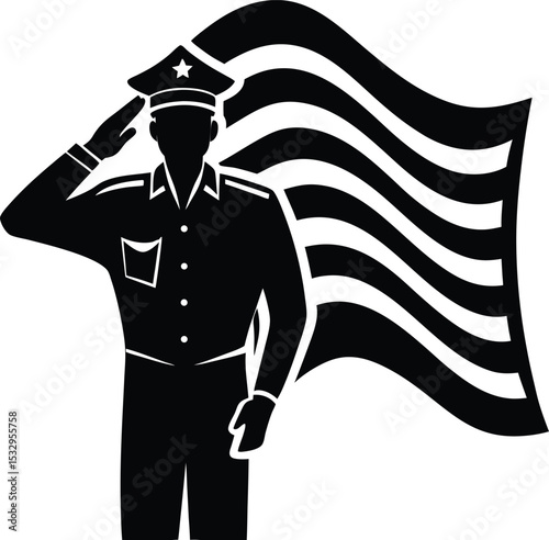 Soldier Saluting with National Flag Waving in Background Proudly