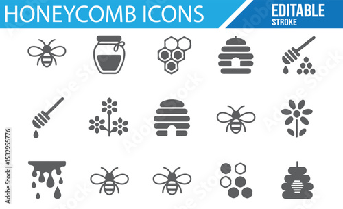 Beekeeping icons with bees, honeycombs, and jars in vector style.