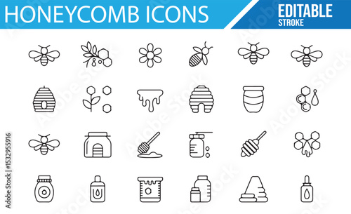 Collection of bee and honeycomb vector illustrations for beekeeping and honey production.