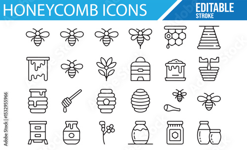 Editable honeycomb icons featuring bees, honey jars, and hives.

