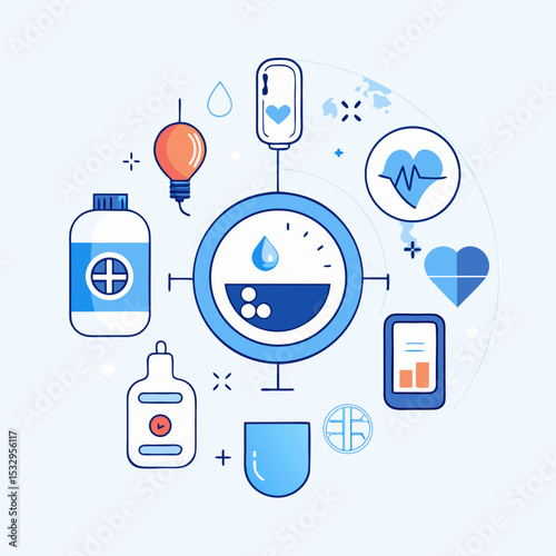 World Diabetes Day Vector with Blue Circle, Glucose Meter and Awareness Icons
