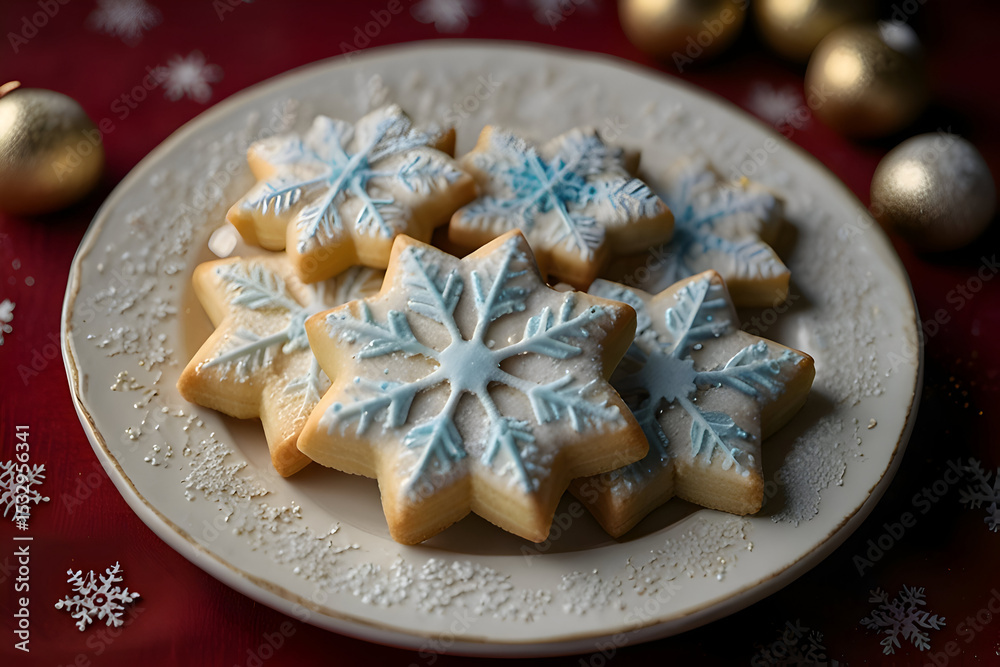 Fototapeta premium Snowflake-shaped butter cookies on a festive plate, sugar dusted on top, soft light