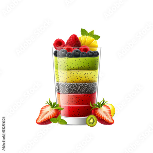 Layered Fruit Smoothie in Glass with Fresh Berries and Kiwi