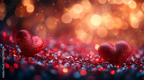 Two red glitter hearts on sparkling surface with bokeh background