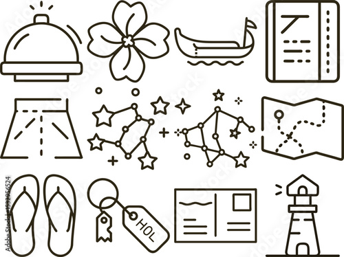 Outline Illustrations of Travel and Vacation Icons Featuring Keychains, Constellations, Postcard, and Beachwear