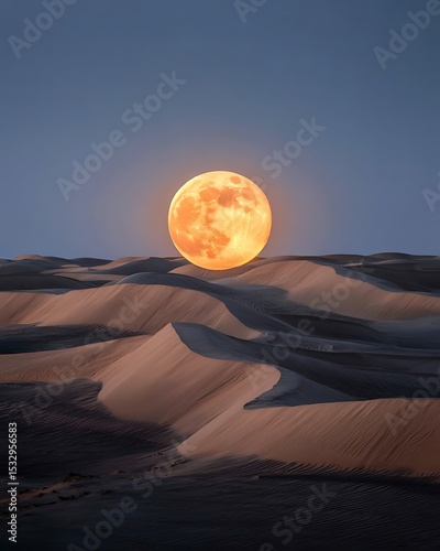 A large orange moon shining brightly above the sand dunes under a dark blue sky at night time scene