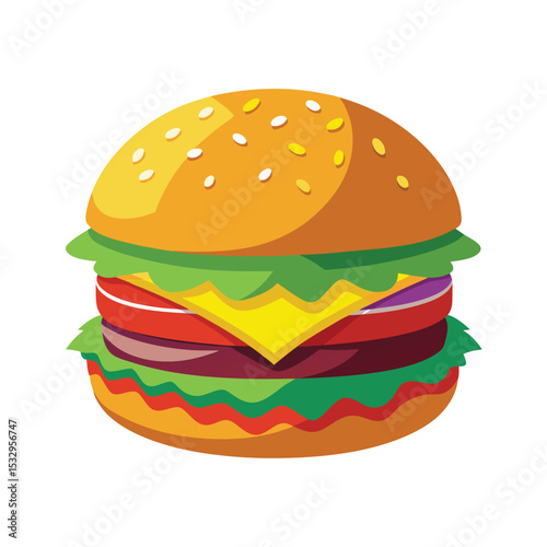 Delicious Sesame Bun Burger Digital Painting Red Tomato Yellow Cheese Green Lettuce