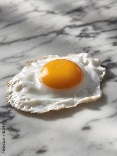 A perfectly fried egg on a marble surface, sunny-side up.