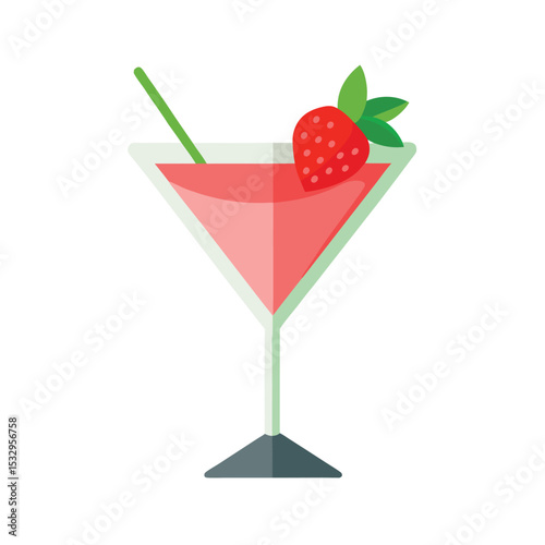 Pink Strawberry Cocktail Martini Glass Green Straw Illustration
