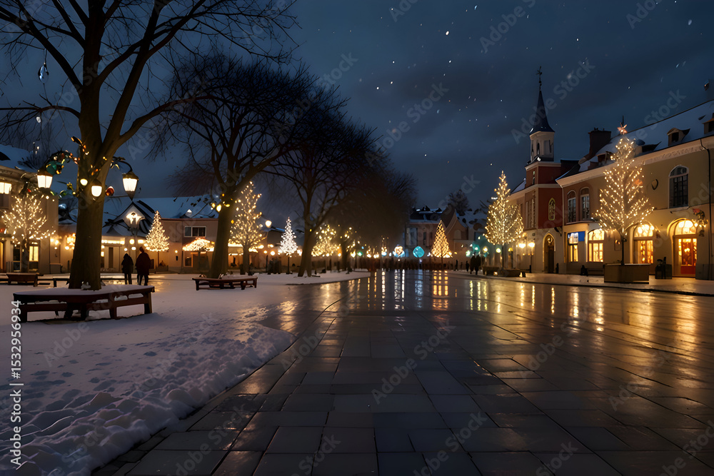 Obraz premium Town square decorated with Christmas lights and ornaments, evening sky, snow gently falling 