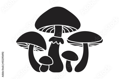 Mushroom Silhouette: A stylish monochromatic illustration showcasing a grouping of detailed, elegant mushrooms, perfect for any design.