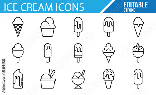 Sweet ice cream icons in a variety of frozen dessert styles.