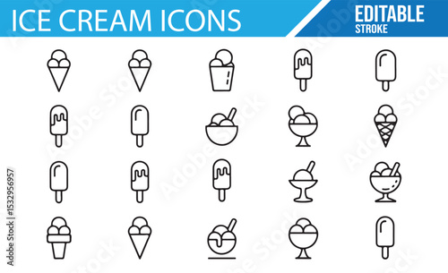 Line stroke icons of ice cream cones, sundaes, and popsicles in editable format.

