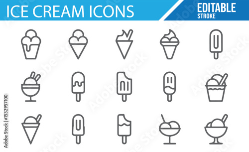 Editable ice cream icons featuring cones, popsicles, and sundaes.
