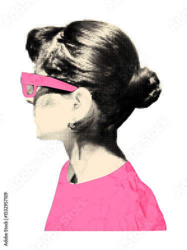 Trendy halftone art collage cut out element. Woman in profile view, wearing pink glasses and shirt paper clipping. Sticker with vintage dotted texture. Modern retro mixed media vector illustration