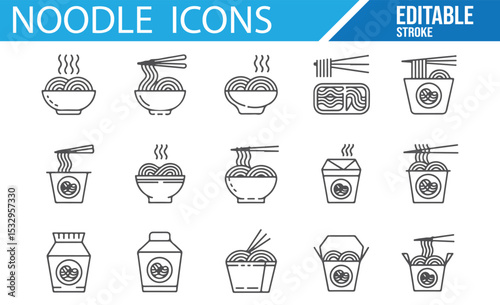 Collection of noodle and ramen bowl icons with chopsticks.