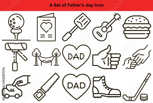 Father's Day Icon Set Golf, Card, Spatula, Guitar, Burger, Tools, and Sporting Goods Icons
