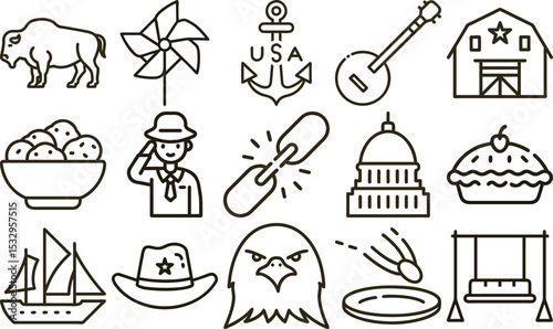 American Icons Line Art Buffalo, Windmill, Anchor, Banjo, Barn, Cookies, Sailor, Chain, Capitol, and More