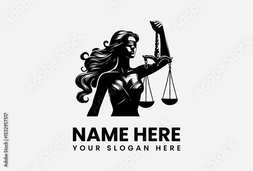 Dramatic black silhouette vector logo of Lady Justice, blindfolded and holding balanced scales, symbolizing impartiality and the pursuit of truth. Legal concept