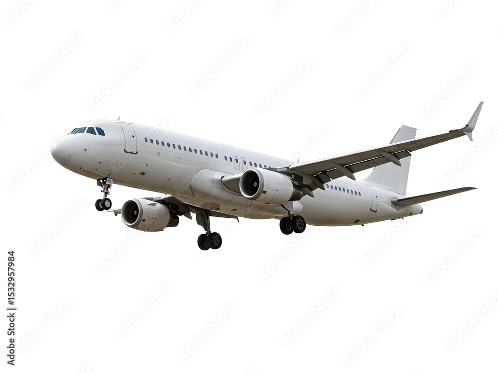 Obraz premium Modern commercial airplane isolated on transparent background — perfect PNG for aviation, travel, tourism, business flights, air transport, and flight-related visuals.