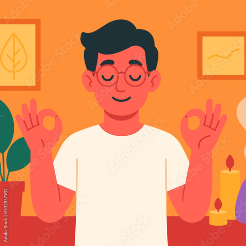 Flat vector illustration of young man practicing indoor meditation with candles, plants, and aroma diffuser for mental wellness and peace.