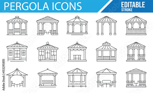 Line stroke vector icons of pergolas for landscaping and architecture.

