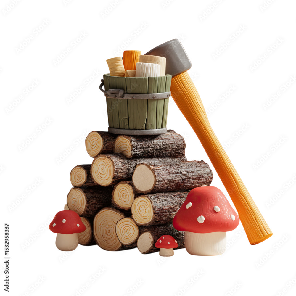 Naklejka premium 3D Render Woodpile with Axe, and Mushrooms.