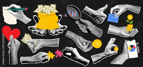Halftone hand gestures, human arm sign or symbol, finger touch on mobile phone, retro comic grunge sticker and y2k doodle collage with torn paper, money, light bulb icon and business idea infographic.
