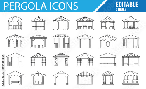 A variety of pergola icon designs with clean line strokes.

