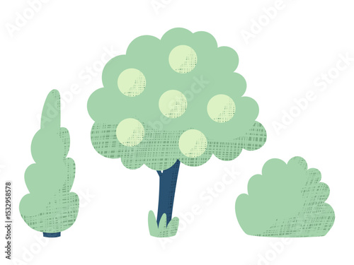 Minimalist plants set: stylized conifer tree, fruiting tree, bush. Eco design, botanical collection for patterns, packaging, web