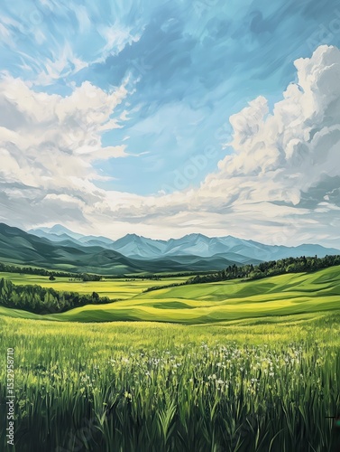 Framed Landscape Painting Showcasing Serene Natural Beauty with Lush Green Fields, Distant Mountains, and a Clear Sky with Fluffy Clouds in Artistic Style