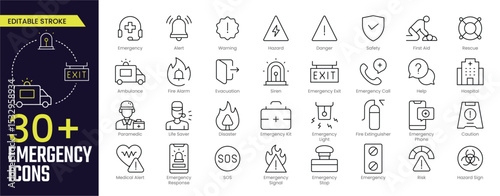 Emergency Stroke icon collections. Containing alert, warning, emergency exit, team, hospital, life saver, signal, medical alert, and disaster icons. Editable Stroke icon collection Outline icon