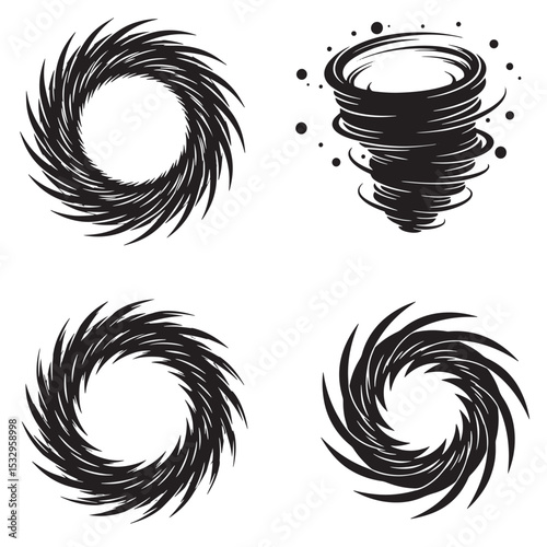 Black and white illustration of stylized tornadoes and swirling vortex silhouettes perfect for weather or abstract design concepts